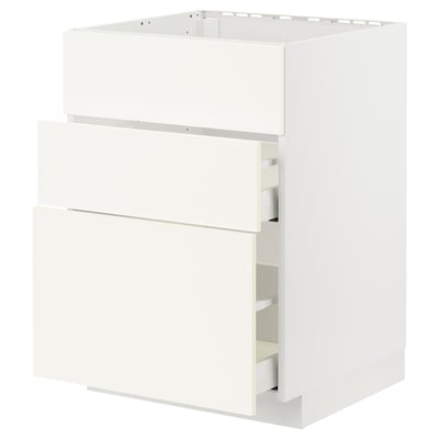 White METOD kitchen cabinet, rectangular, modern design, three drawers open.