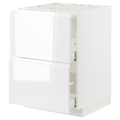 METOD white kitchen cabinet, glossy finish, rectangular shape, two large drawers, modern design.