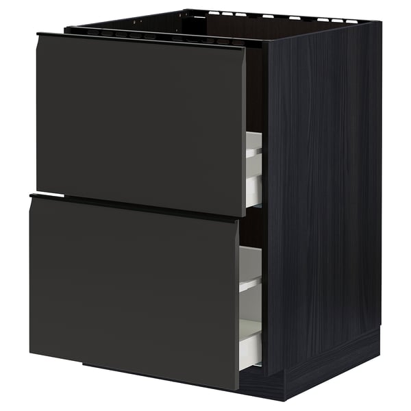 Black METOD kitchen cabinet with two drawers, sleek modern design, matt finish.