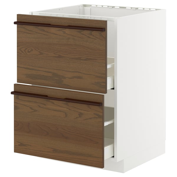 Wooden kitchen unit: METOD white base cabinet with dark brown drawer fronts, wooden handles, sturdy build, two large drawers.