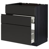 Modern black kitchen cabinet with three drawers and sleek design.