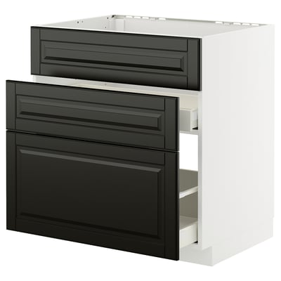 Modern black kitchen cabinet, part of METOD system, three drawers, sleek design, durable glossy finish.
