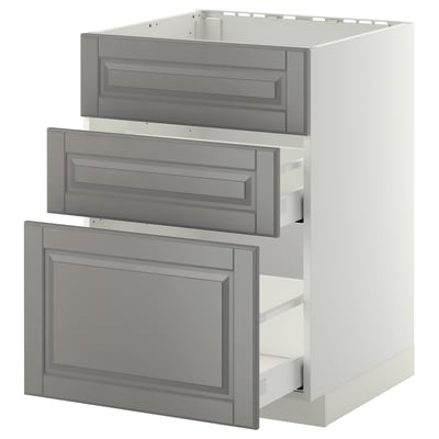 Modern kitchen cabinet with grey drawers and doors, soft-close feature, made of fiberboard and steel, three-tier, clean design.