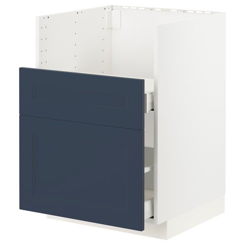 Blue kitchen cabinet, modern design, white frame, 2 drawers, smooth drawer runners.