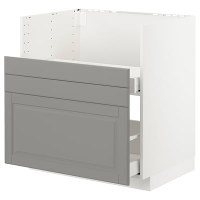 Ikea METOD white base cabinet with grey panel and drawer, modern kitchen storage.