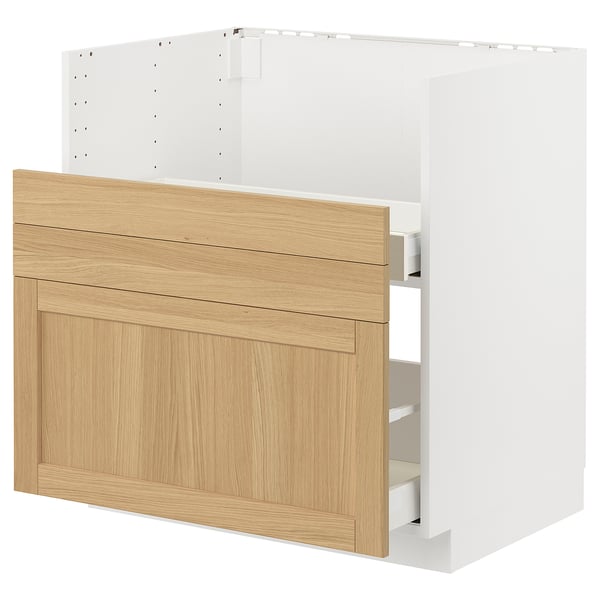 METOD kitchen unit with oak-veneer drawer, white base, three shelves, modern design.