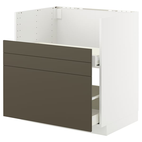 Modern white and brown kitchen cabinet with multiple drawers.