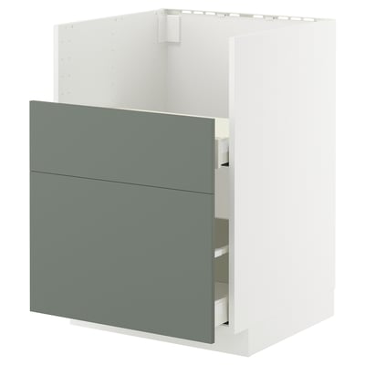 Modern kitchen cabinet in grey-green, featuring a smooth drawer and sturdy build.