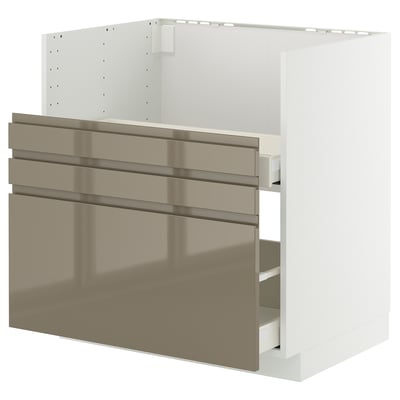 Modern white and metallic gray kitchen cabinet with smooth drawers.