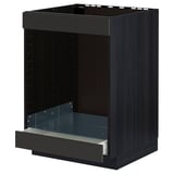Black METOD kitchen unit, open, showcasing drawer and metal back, modern style.