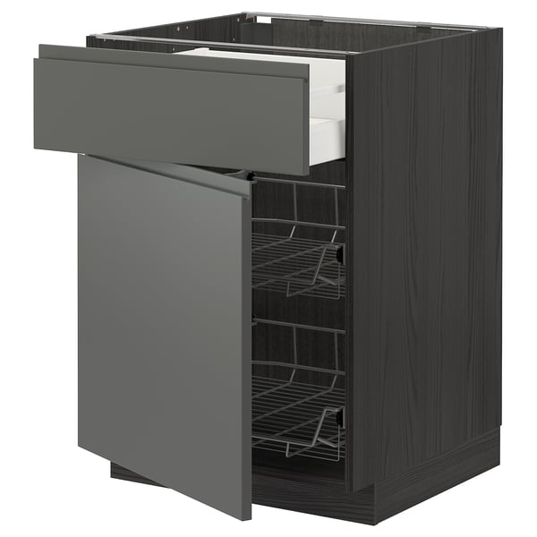 A dark gray METOD kitchen cabinet with a pullout drawer and wire basket, showcasing modern design and efficient storage solutions.