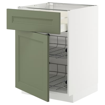 Green METOD cabinet with wire basket.