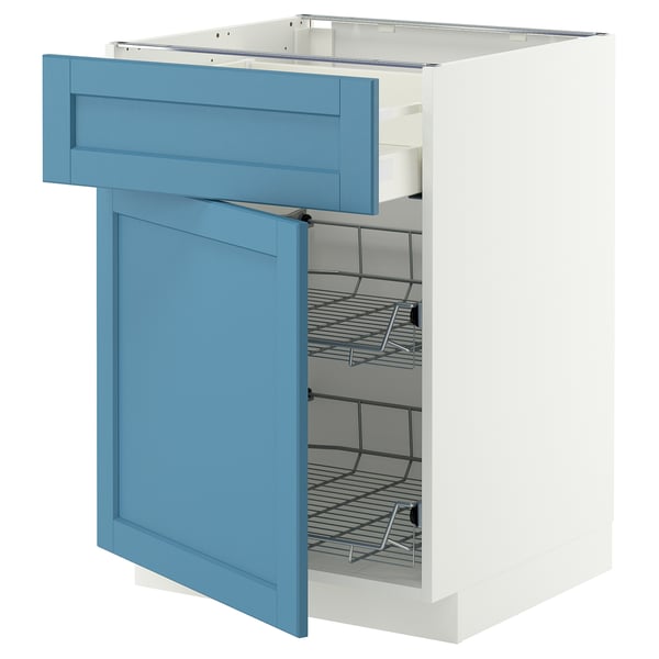 Blue and white METOD kitchen unit with open drawer.