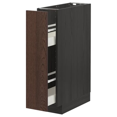 Dark brown wooden kitchen cabinet with pull-out drawer.