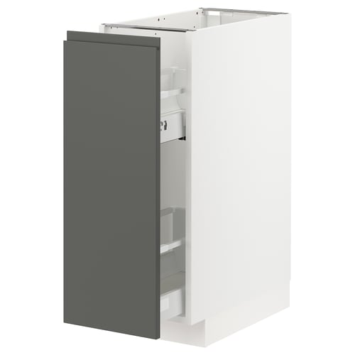 Depicts an open METOD kitchen cabinet with dark grey voxtorp fronts and multiple shelves.