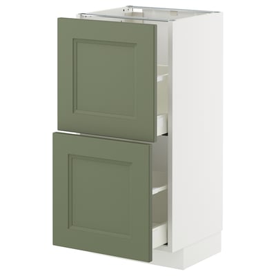 This image displays a green and white kitchen cabinet from METOD, featuring two drawers with a sleek, modern design.
