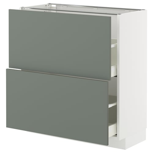 Modern kitchen cabinet in grey-green with two drawers and single door.