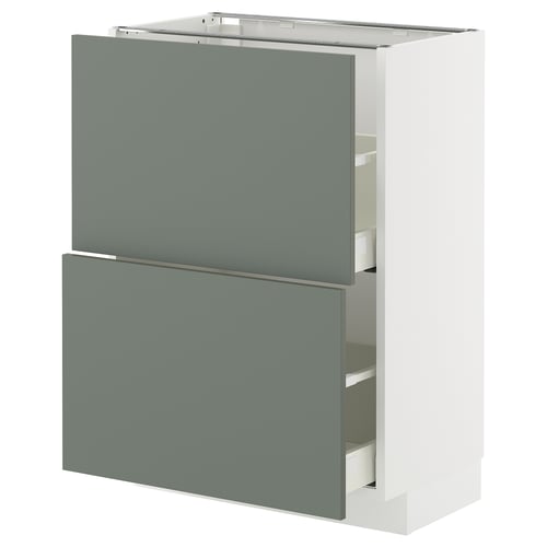 Modern kitchen cabinet with sleek grey-green nickebo front panels. Metallic drawers, sturdy design.