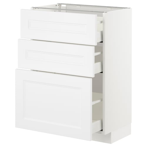 White METOD kitchen unit with multiple drawers.