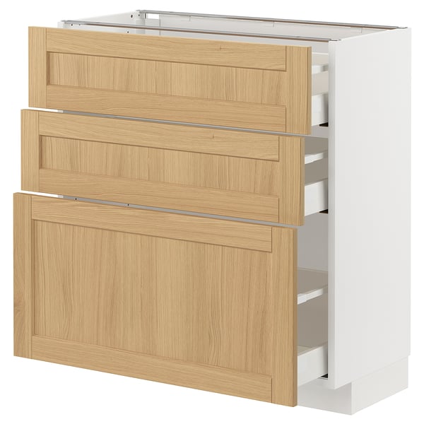 METOD kitchen unit with three oak-veneered drawers, white sides, bevelled edges.