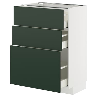 Modern kitchen cabinet with three dark green drawers, white frame, and sleek design.