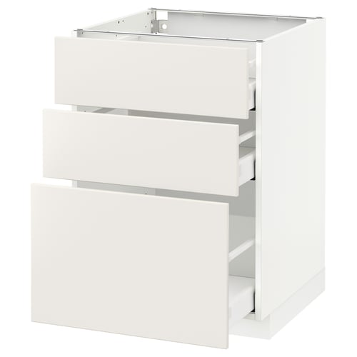 A white METOD kitchen drawer unit with three pull-out drawers, sleek and modern design, made of particleboard and steel.