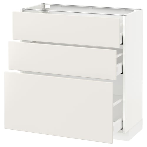 White ikea METOD kitchen cabinet with three sleek drawers and horizontal handle detail.