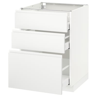 METOD white modern kitchen cabinet with three drawers.