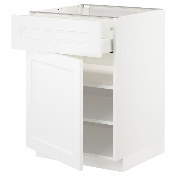 Modern white kitchen cabinet, rectangular with single drawer and open shelf.