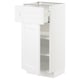 A white METOD kitchen cabinet with a drawer and shelves. Its rectangular, modern, and has a smooth finish.