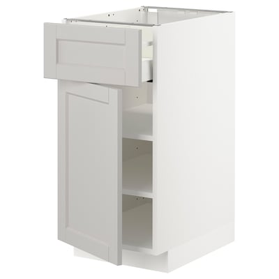 White METOD kitchen cabinet with grey lerhyttan bevelled-edge drawer.