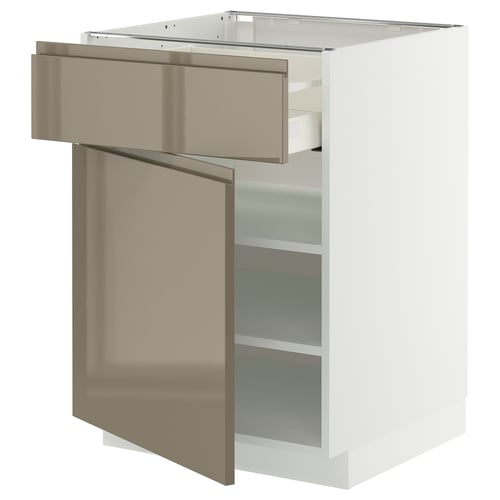 Modern kitchen unit - METOD - white with high gloss grey-brown drawer, sleek, integrated handles.