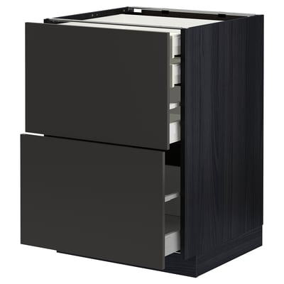 Modern black ikea METOD kitchen unit with sleek, dark drawers and black edges.