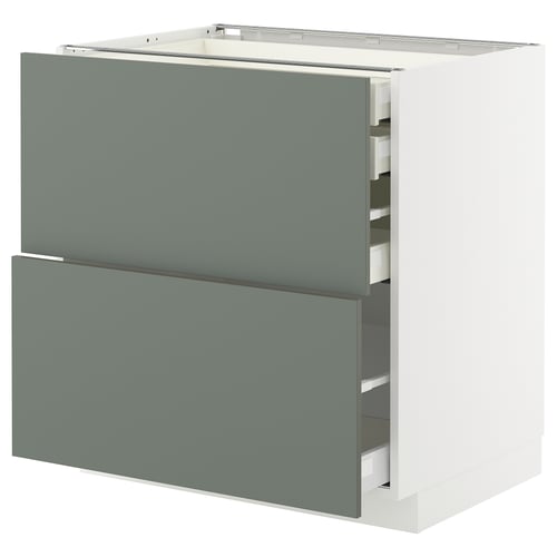 Grey-green ikea METOD kitchen cabinet with 3 drawers.