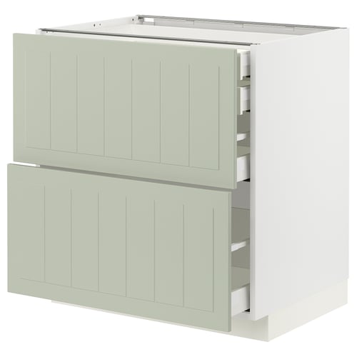 METOD kitchen storage in green with wooden-like drawer fronts, featuring multiple drawers for efficient organization.