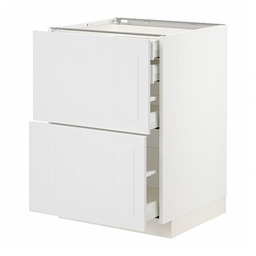 White METOD kitchen cabinet with three drawers and two doors, rectangular shape, modern design.