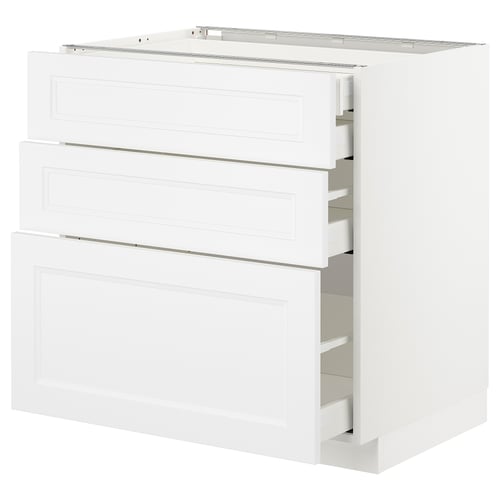 White METOD kitchen cabinet with three drawers.