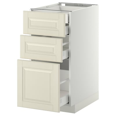 This image shows a METOD kitchen cabinet in off-white with bevelled edges, featuring three drawers and a door.