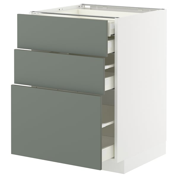 Modern kitchen unit with grey-green METOD drawers and white base, sleek design.