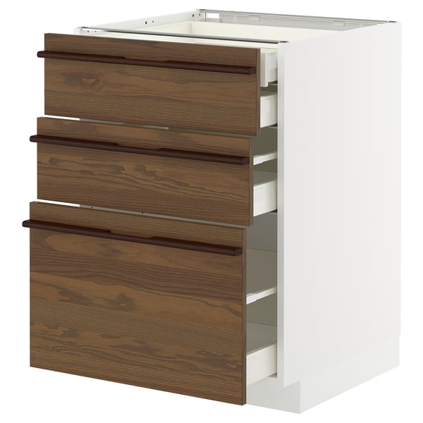 METOD kitchen unit: white & brown wood drawers, dark handles, 3 drawers, square, modern.