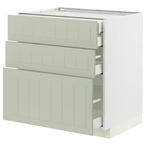 A light green METOD kitchen cabinet with three smooth drawer fronts and a sleek, crafted design.