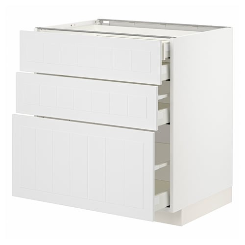 White METOD kitchen cabinet with multiple storage drawers.