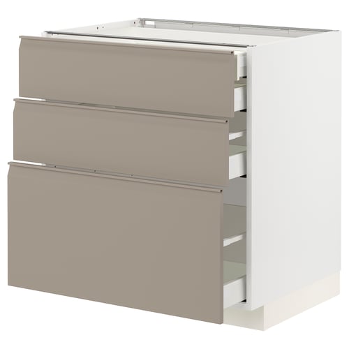 Modern beige METOD kitchen cabinet with 3 drawers and 1 shelf, sleek matte grey-beige fronts, minimalist handles.