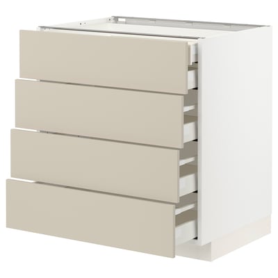 Modern METOD kitchen cabinet with four beige drawers, fiberboard and acrylic paint, clean design.