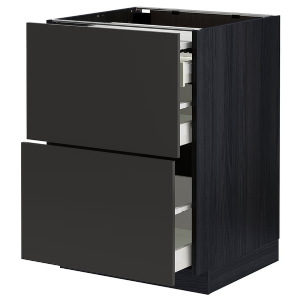 Black modern kitchen cabinet with two open drawers.
