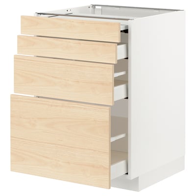 This image shows an ikea METOD kitchen unit with light ash wood drawers and white frame, featuring multiple pull-out drawers.