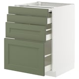 Modern kitchen unit in green. Three pull-out drawers and one cabinet. Sleek and organized.