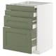 Modern kitchen unit in green. Three pull-out drawers and one cabinet. Sleek and organized.
