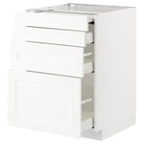 METOD kitchen cabinet, white, clean design with three silver handles, three drawers and a pull-out shelf.