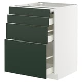 A white METOD kitchen cabinet with four green drawers. The sleek, modern cabinet self-closing drawers.